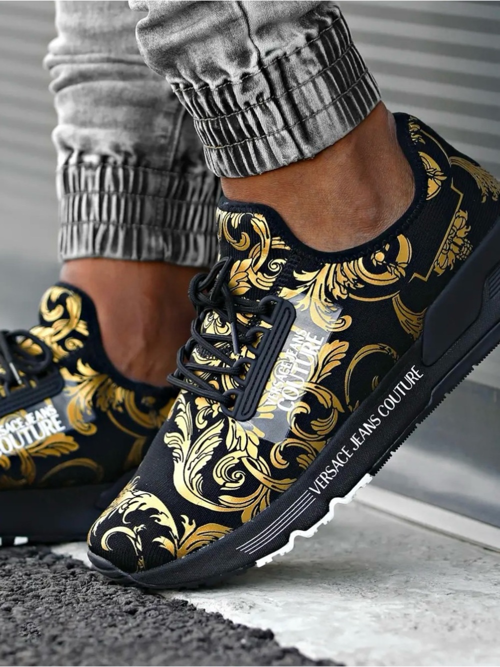 Versace Jeans Collection Black & Gold Baroque Low-Top Sneakers